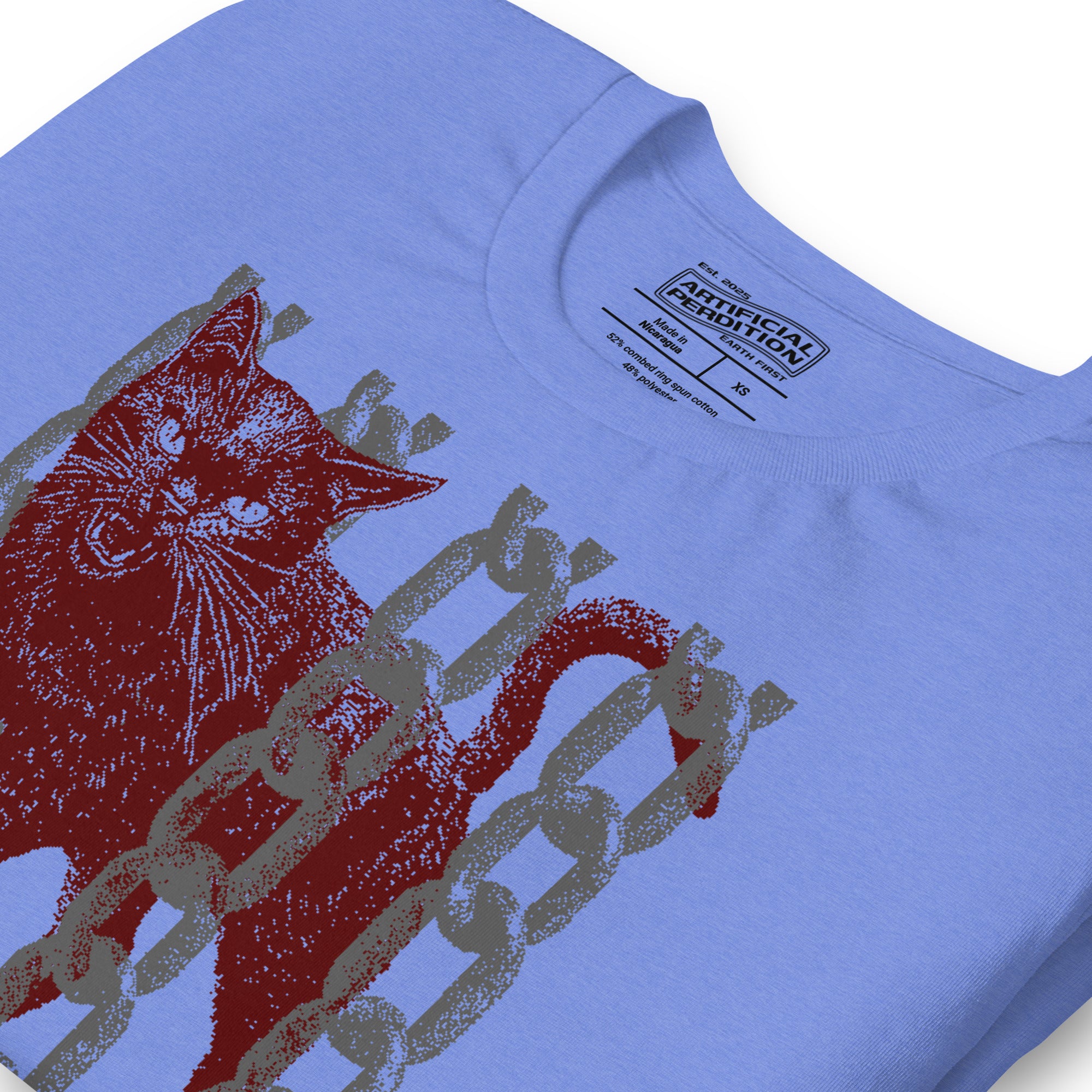 Product mockupSnarling cat breaking through chains with UNGOVERNABLE text, dithered halftone red on cream, Artificial Perdition apparel