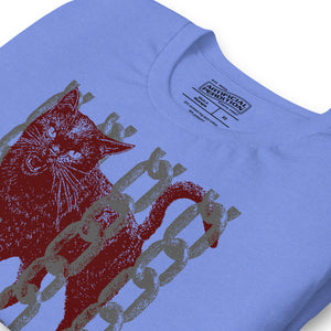 Product mockupSnarling cat breaking through chains with UNGOVERNABLE text, dithered halftone red on cream, Artificial Perdition apparel