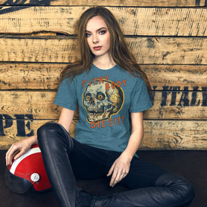 Die-cut skull with amber eyes and dripping orange horror font reading EVERY BODY DIES, vintage pulp style, Artificial Perdition apparel