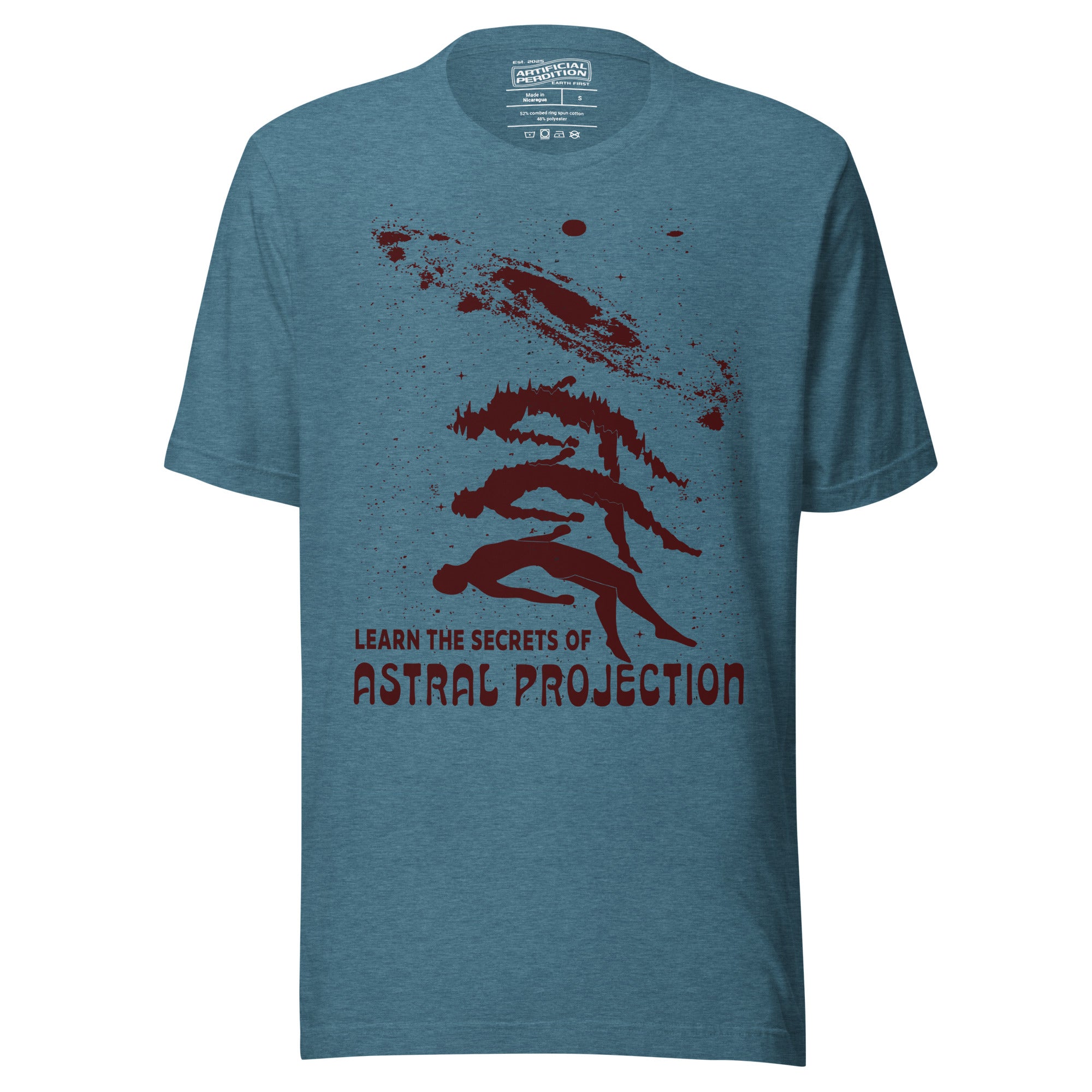 Three figures rising from a reclining body toward a spiral galaxy with Learn the Secrets of Astral Projection text, retro occult advertisement style, Artificial Perdition apparel