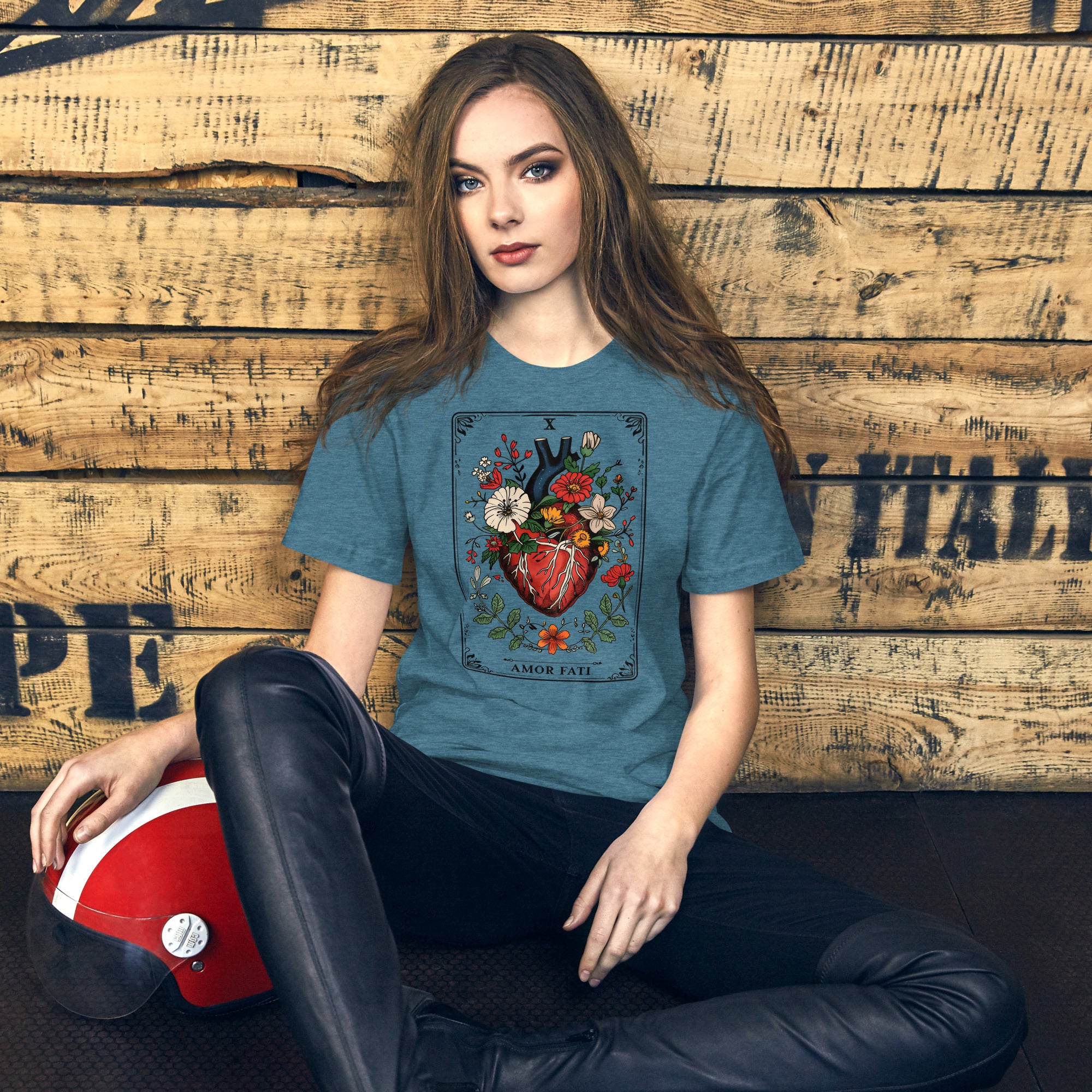 Tarot card illustration numbered X with an anatomical heart in bloom surrounded by wildflowers and vines, Amor Fati, Artificial Perdition apparel