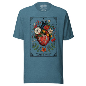 Tarot card illustration numbered X with an anatomical heart in bloom surrounded by wildflowers and vines, Amor Fati, Artificial Perdition apparel