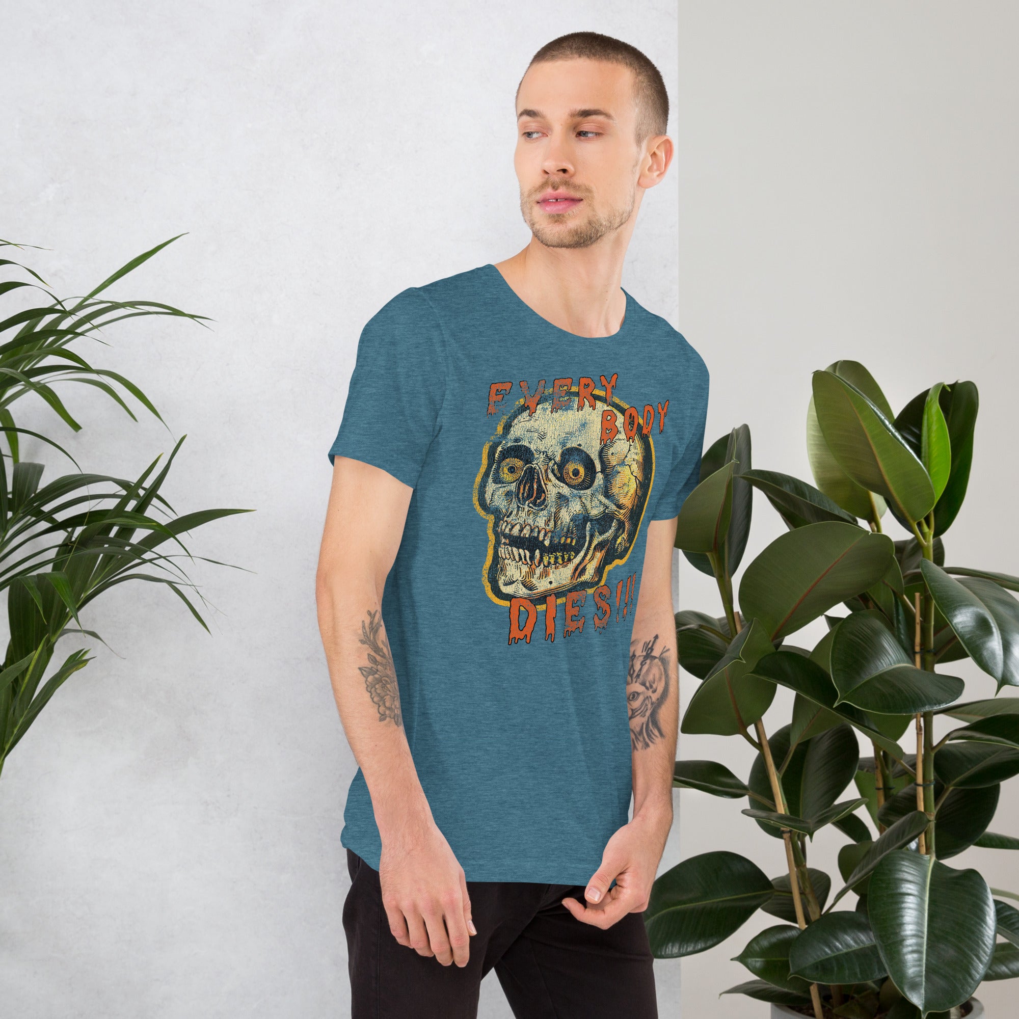 Die-cut skull with amber eyes and dripping orange horror font reading EVERY BODY DIES, vintage pulp style, Artificial Perdition apparel