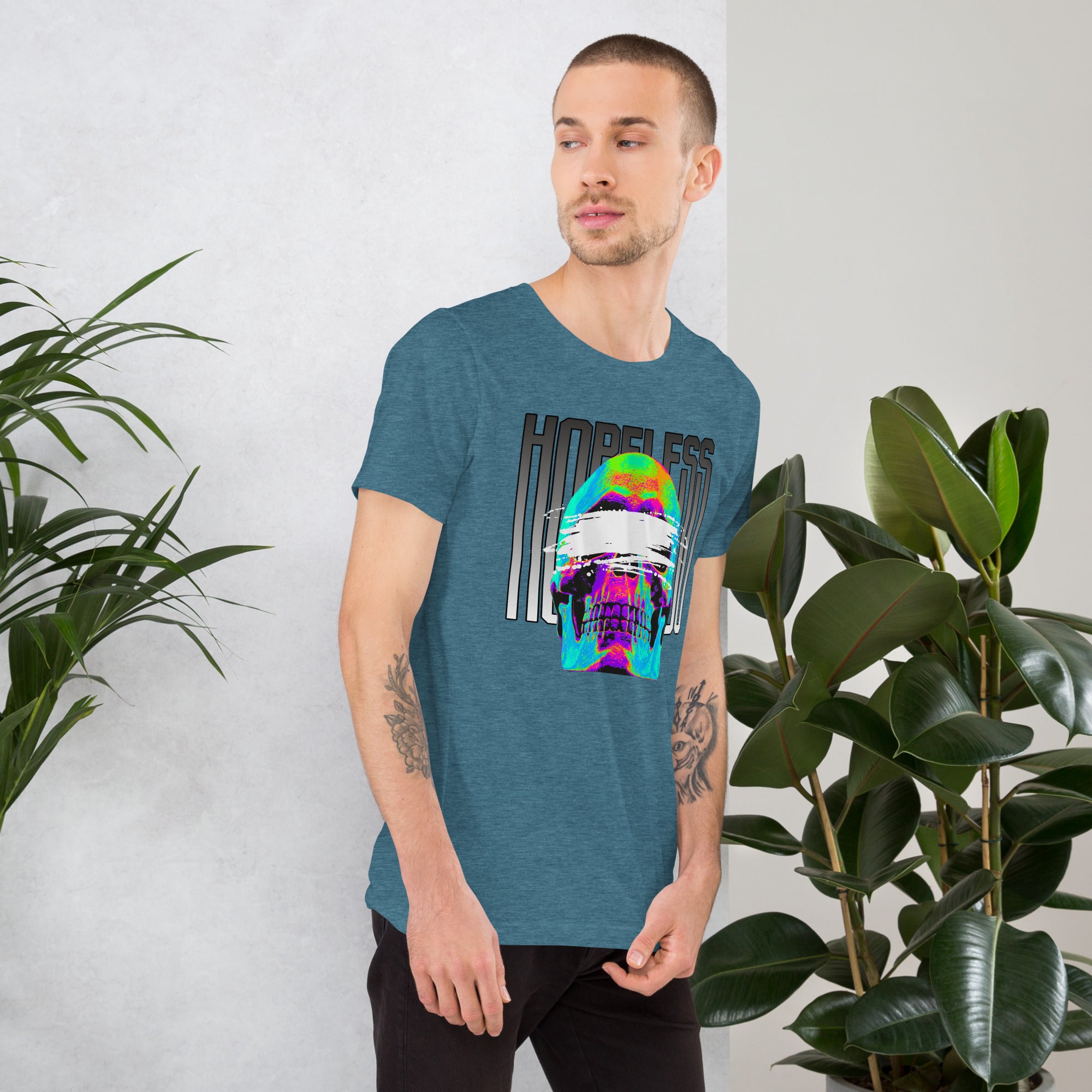 Blindfolded skull in thermal heat-map colors with bold chrome HOPELESS text, psychological horror design, Artificial Perdition apparel