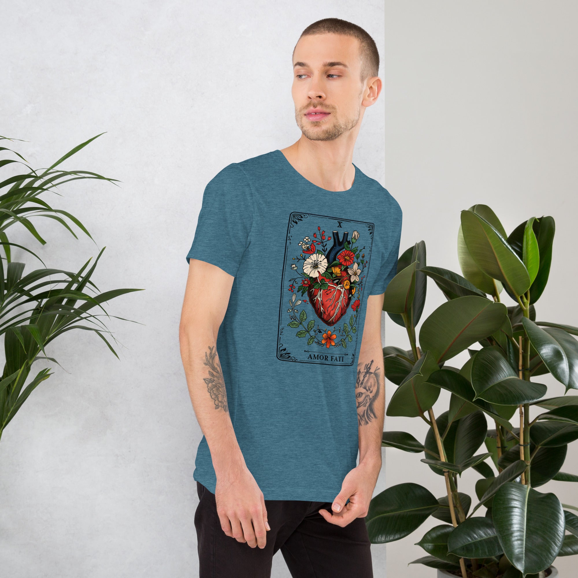 Tarot card illustration numbered X with an anatomical heart in bloom surrounded by wildflowers and vines, Amor Fati, Artificial Perdition apparel
