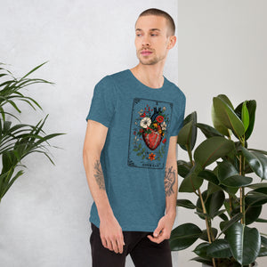Tarot card illustration numbered X with an anatomical heart in bloom surrounded by wildflowers and vines, Amor Fati, Artificial Perdition apparel