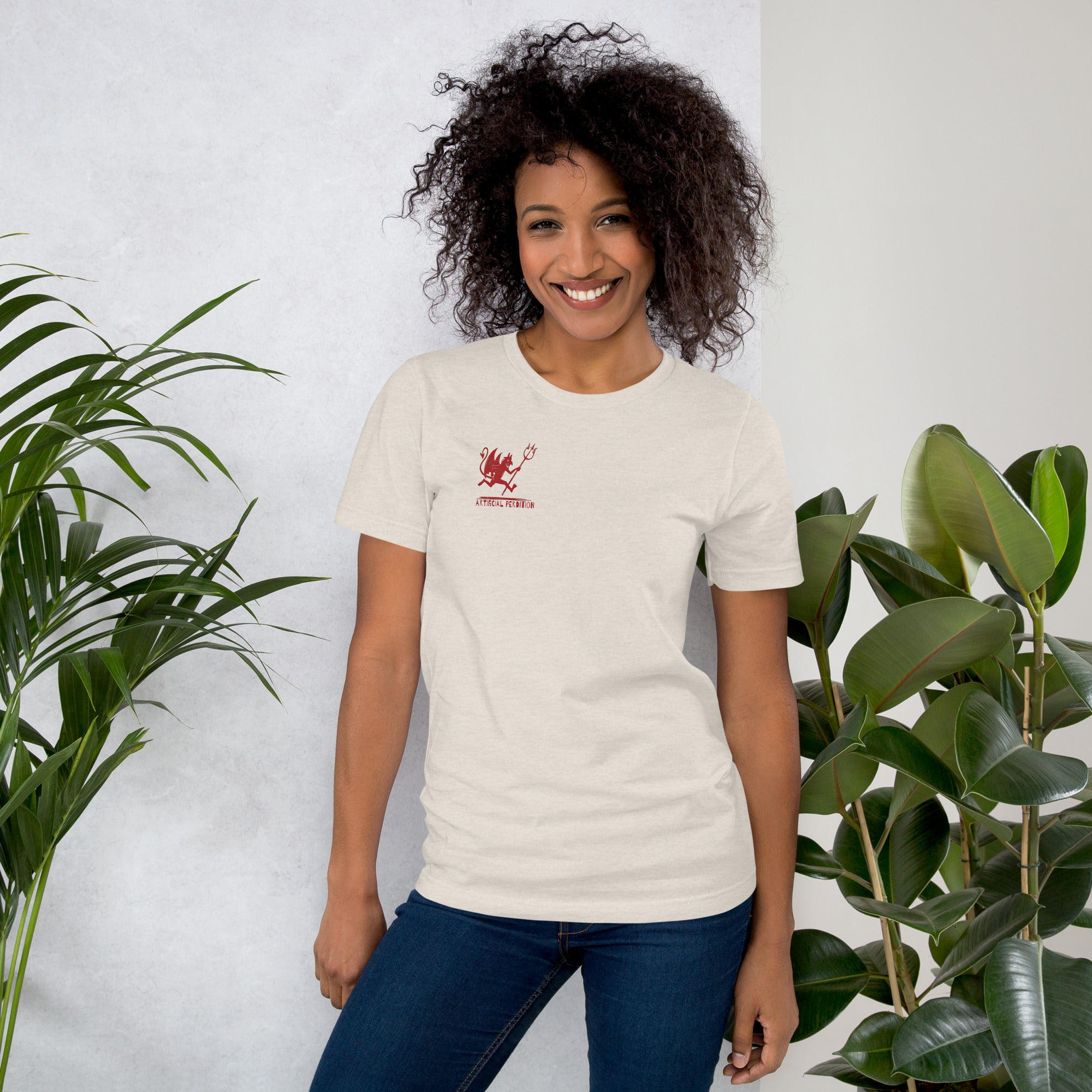 Artificial Perdition devil mascot, red illustrated devil mid-stride with trident and brand name, hand-drawn style on black, official logo tee