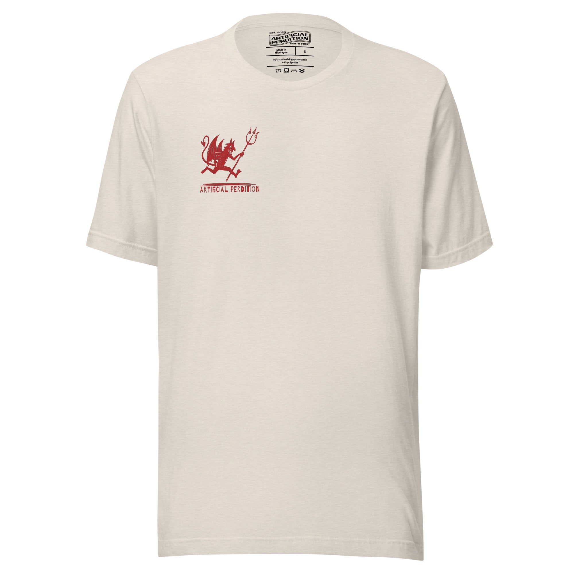 Artificial Perdition devil mascot, red illustrated devil mid-stride with trident and brand name, hand-drawn style on black, official logo tee