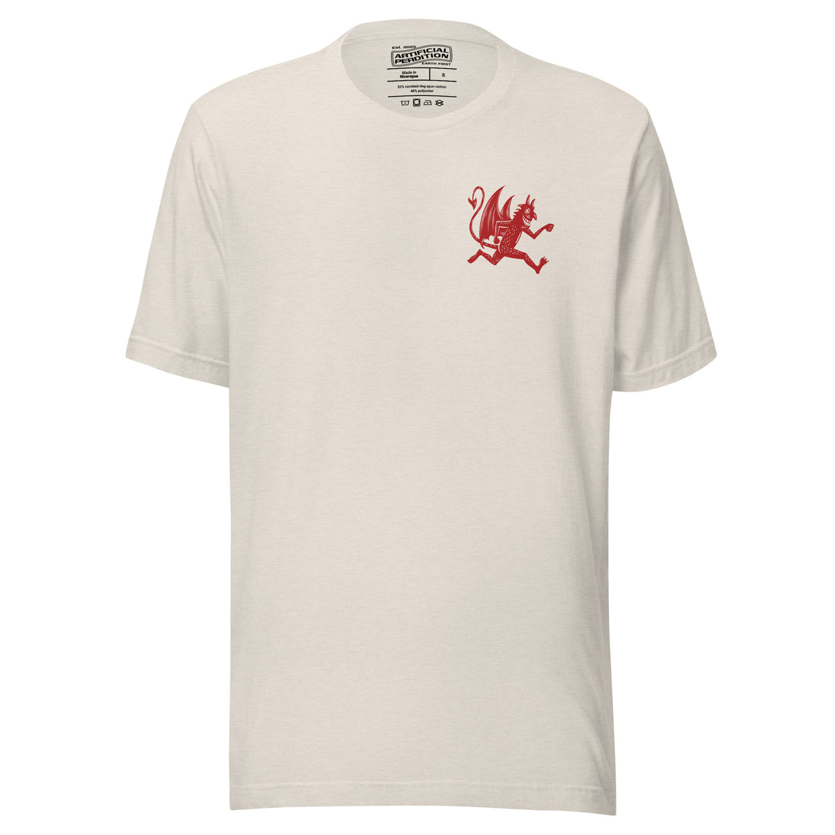 Artificial Perdition devil mascot, red illustrated devil mid-stride with trident and brand name, hand-drawn style on black, official logo tee