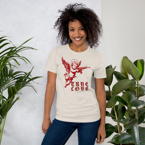 Red cherub angel with halo aiming rifle above blackletter True Love text, dark ironic tattoo flash style, Artificial Perdition apparel