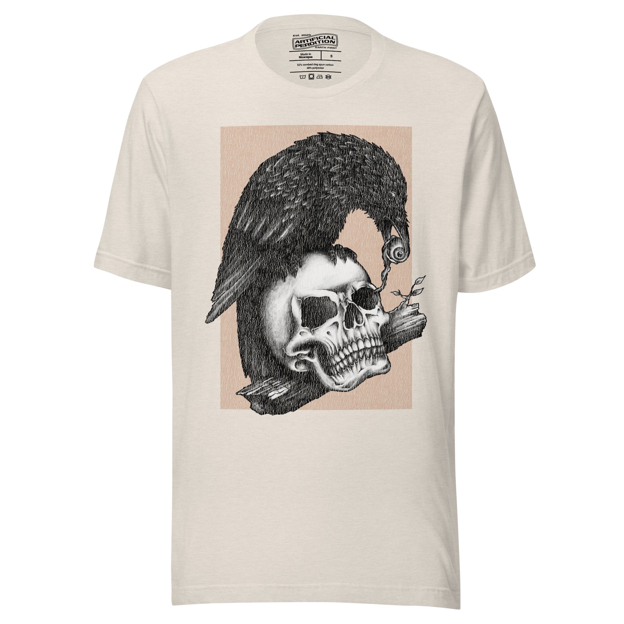 Graphite illustration of a black corvid perched on a human skull removing the eye, sprouting branch beside it, Last Look, Artificial Perdition apparel