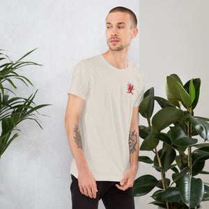 Artificial Perdition devil mascot, red illustrated devil mid-stride with trident and brand name, hand-drawn style on black, official logo tee