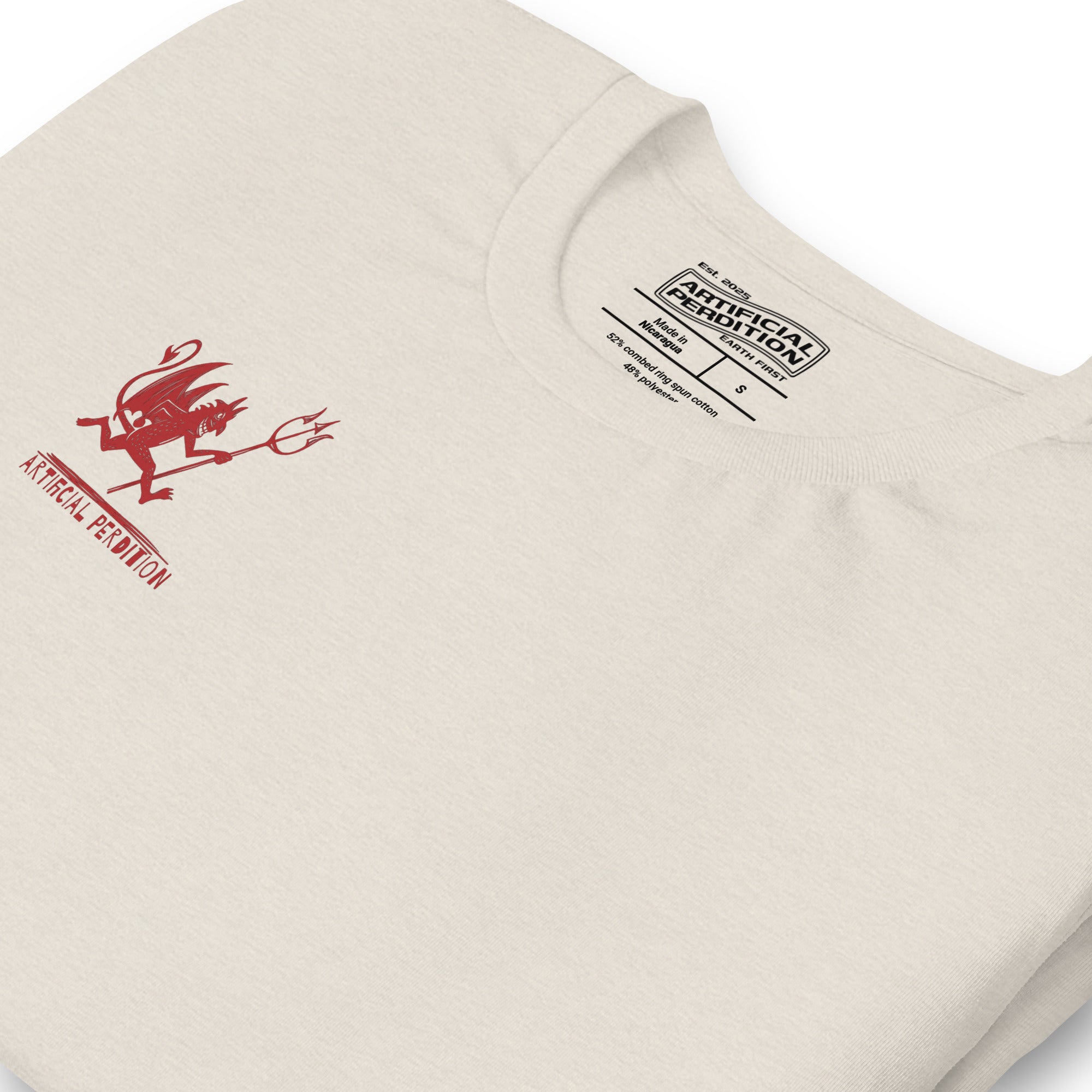Artificial Perdition devil mascot, red illustrated devil mid-stride with trident and brand name, hand-drawn style on black, official logo tee