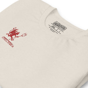 Artificial Perdition devil mascot, red illustrated devil mid-stride with trident and brand name, hand-drawn style on black, official logo tee
