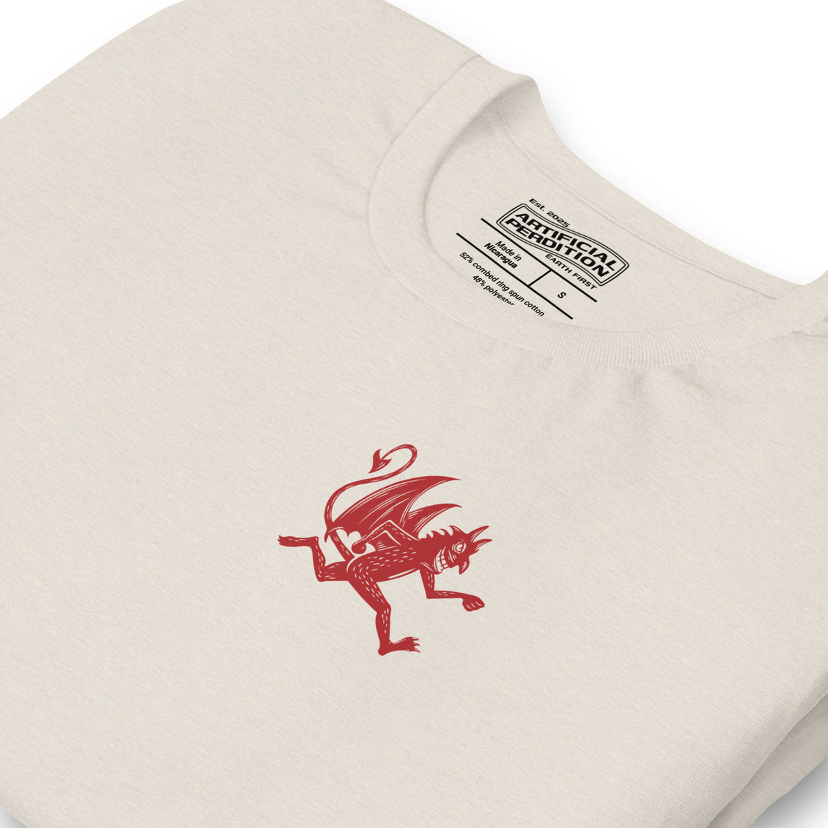 Artificial Perdition devil mascot, red illustrated devil mid-stride with trident and brand name, hand-drawn style on black, official logo tee