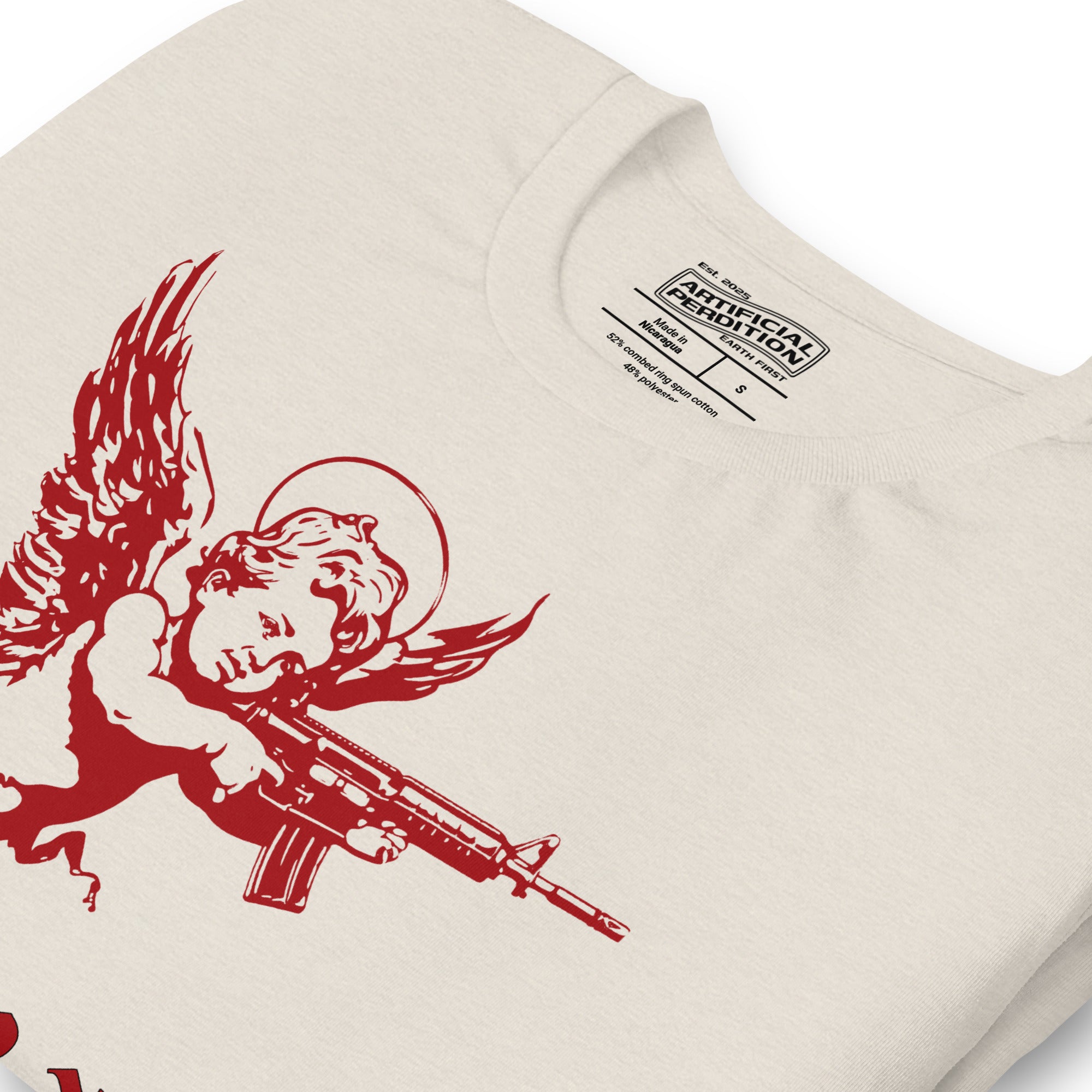 Red cherub angel with halo aiming rifle above blackletter True Love text, dark ironic tattoo flash style, Artificial Perdition apparel