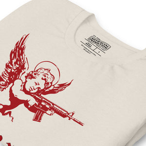 Red cherub angel with halo aiming rifle above blackletter True Love text, dark ironic tattoo flash style, Artificial Perdition apparel