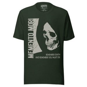 Cracked skull illustration in tombstone grey with vertical Memento Mori text and Remember Death translation, Artificial Perdition apparel