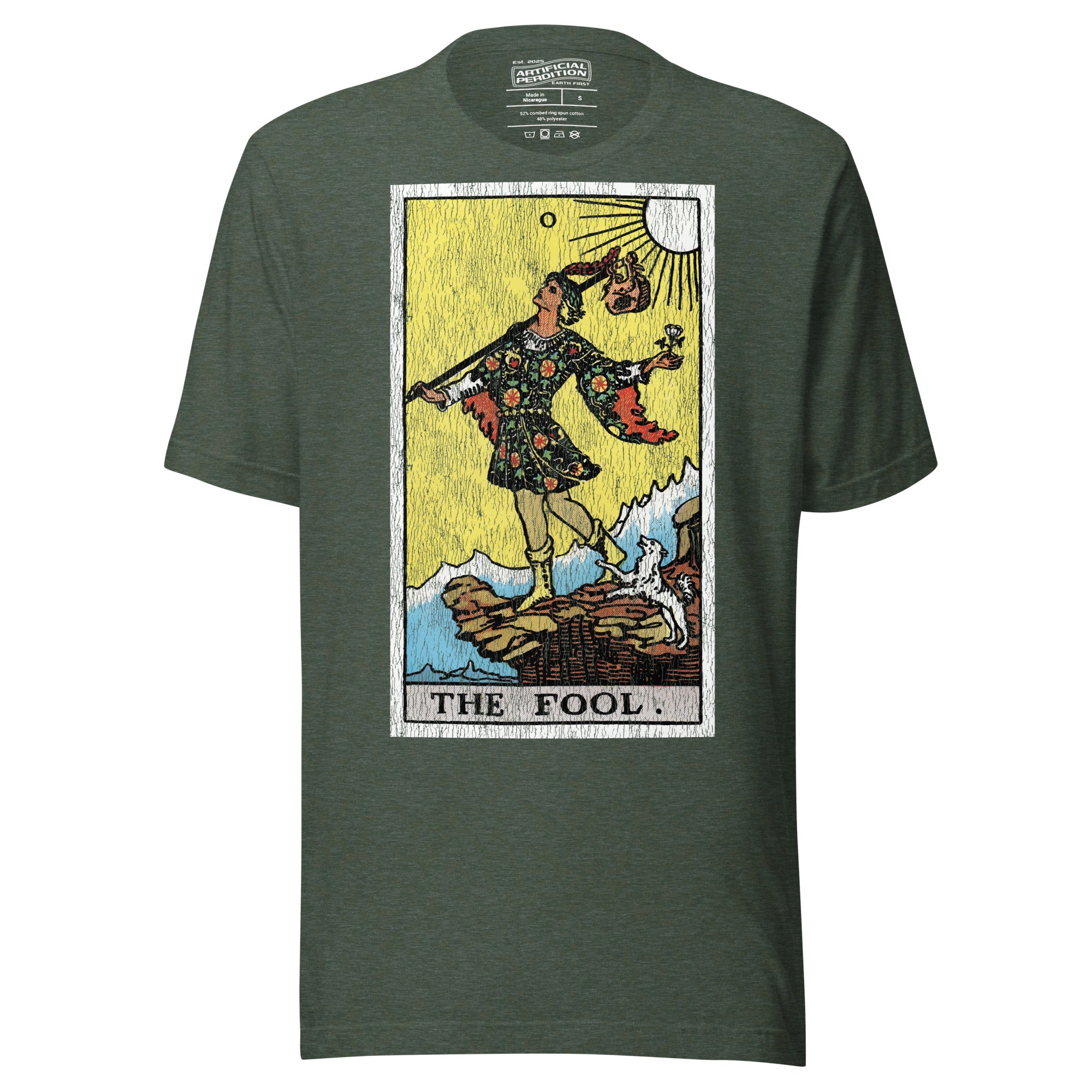 The Fool tarot card, figure at cliff's edge with staff and flower, dog at heel, vintage Rider-Waite engraving style, Artificial Perdition