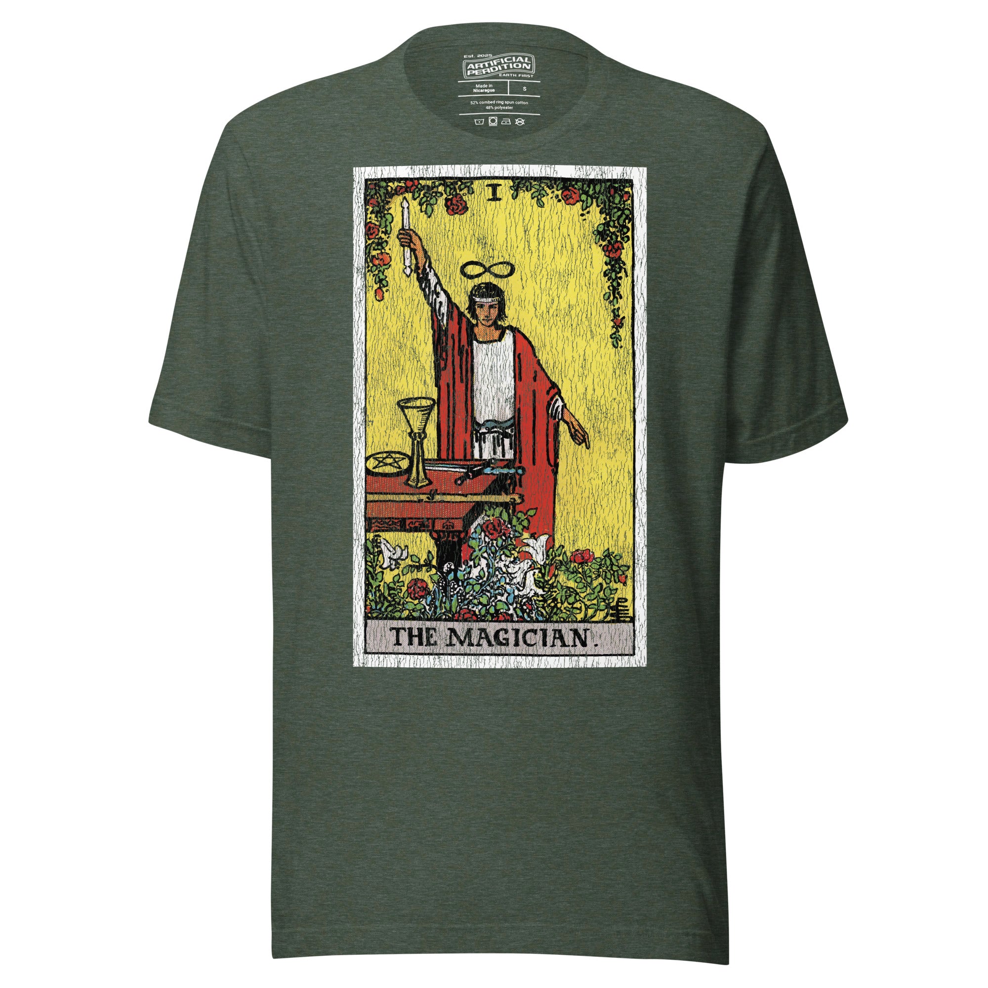 The Magician tarot card, robed figure with wand raised and lemniscate overhead, four suits on table, Rider-Waite style, Artificial Perdition