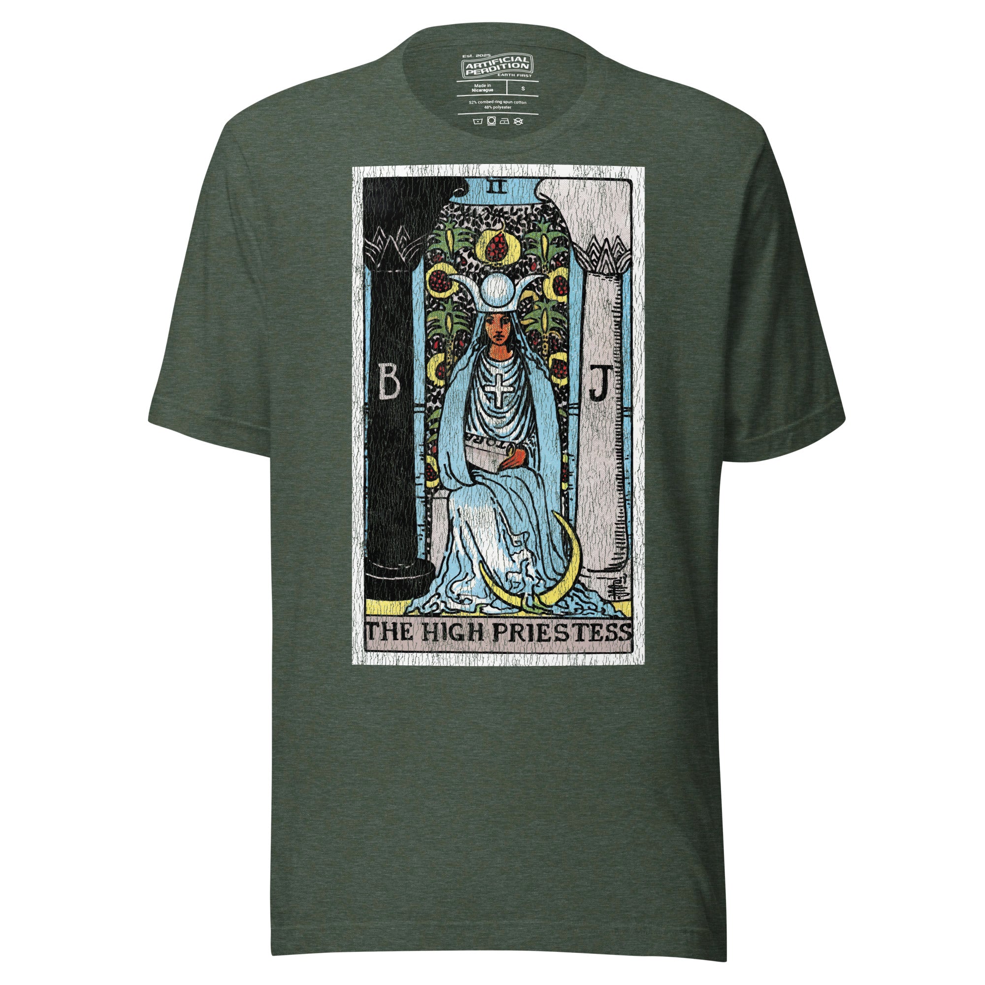 The High Priestess tarot card, robed figure seated between two pillars with scroll and crescent moon, Rider-Waite style, Artificial Perdition