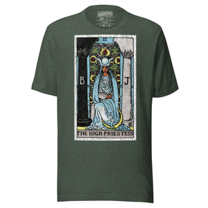 The High Priestess tarot card, robed figure seated between two pillars with scroll and crescent moon, Rider-Waite style, Artificial Perdition