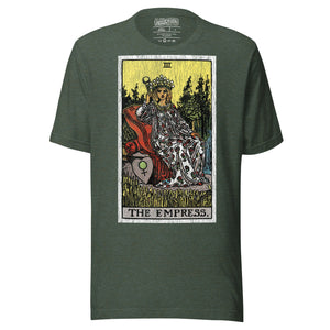 Product mockupThe Empress tarot card, crowned figure enthroned with Venus shield and scepter, wheat field and forest behind her, Rider-Waite style, Artificial Perdition