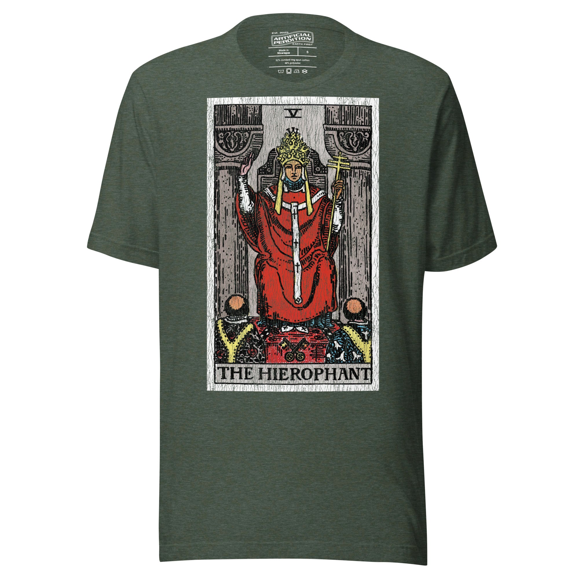 The Hierophant tarot card, triple-crowned figure seated between pillars with crossed keys and kneeling acolytes, Rider-Waite style, Artificial Perdition