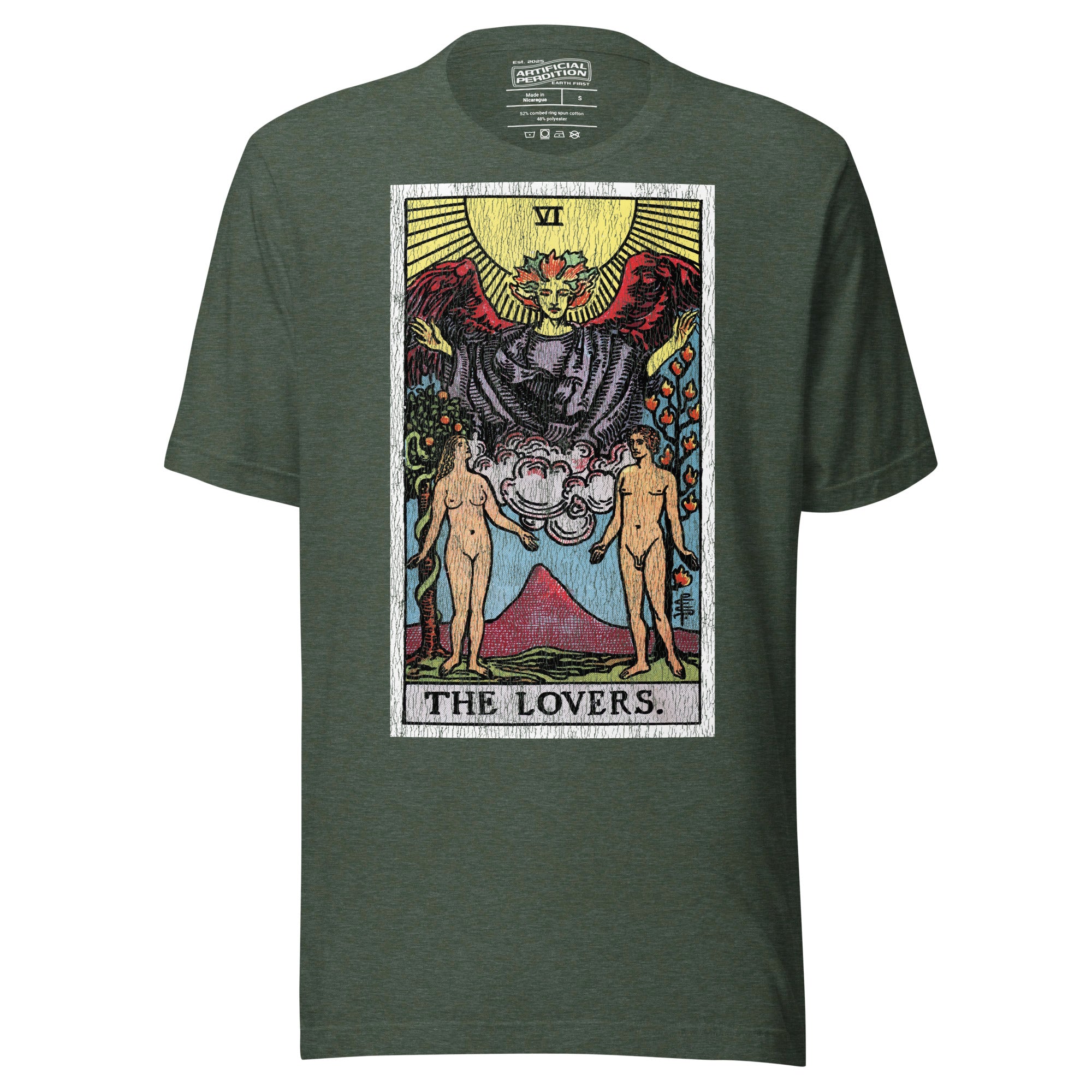 The Lovers tarot card, unveiled man and woman beneath winged figure with Tree of Life and serpent-wrapped Tree of Knowledge, Rider-Waite style, Artificial Perdition