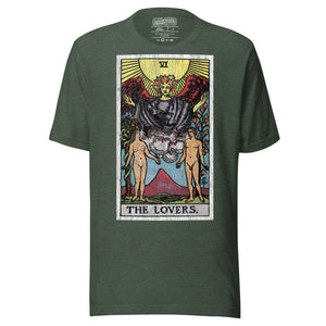 The Lovers tarot card, unveiled man and woman beneath winged figure with Tree of Life and serpent-wrapped Tree of Knowledge, Rider-Waite style, Artificial Perdition