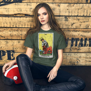 Card eight. The lion is already subdued, led by a chain of flowers. Strength is the quiet kind — fortitude, not force. Rider-Waite tarot apparel.