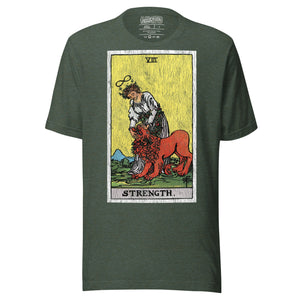 Card eight. The lion is already subdued, led by a chain of flowers. Strength is the quiet kind — fortitude, not force. Rider-Waite tarot apparel.