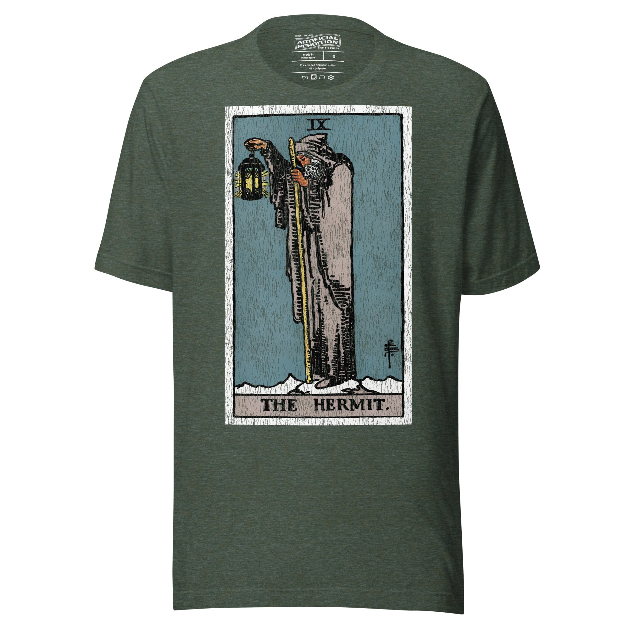 The Hermit tarot card, hooded robed figure on snowy summit holding a staff and lantern with star inside, Rider-Waite style, Artificial Perdition