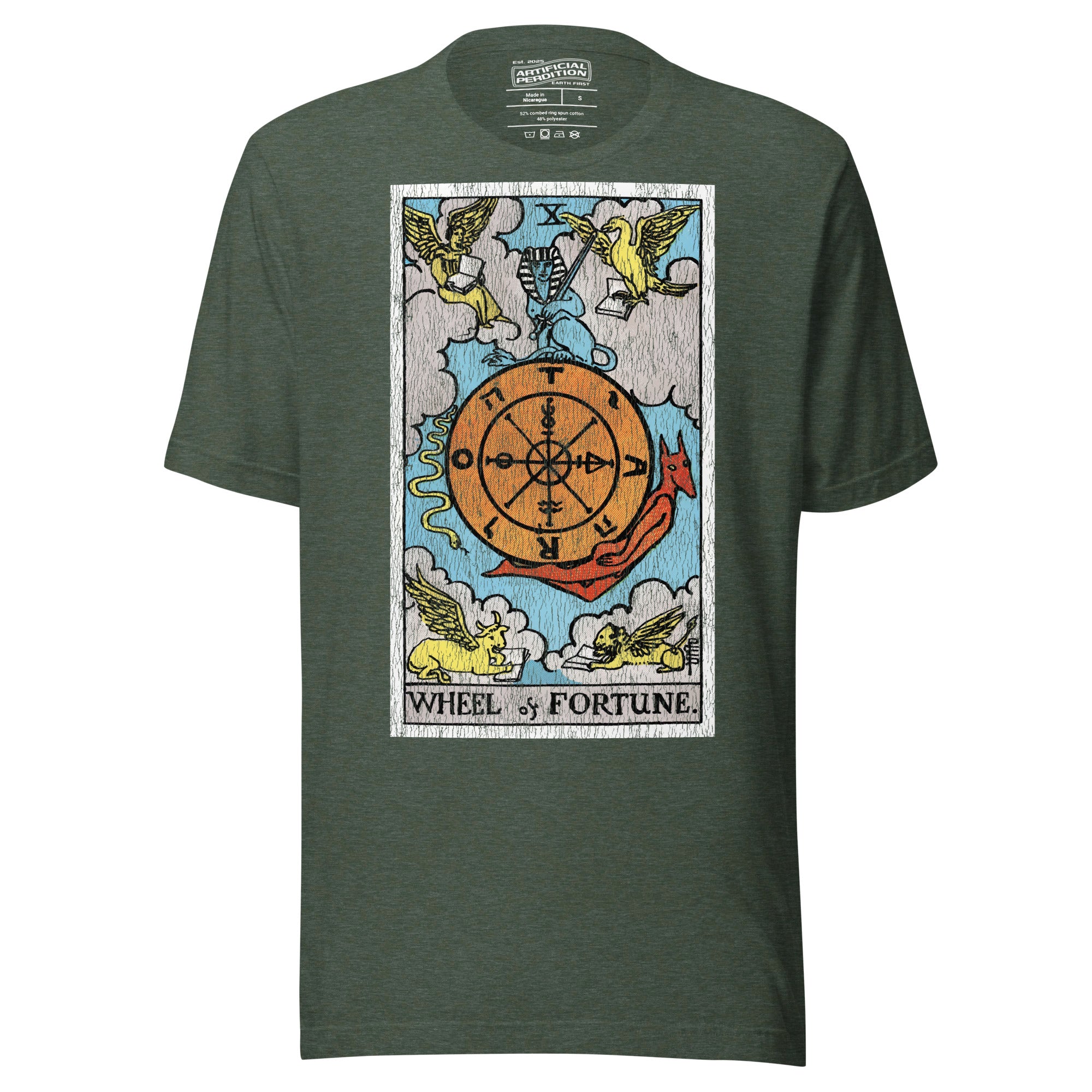 Wheel of Fortune tarot card, sphinx atop a turning wheel flanked by four creatures, Rider-Waite style, Artificial Perdition