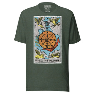 Wheel of Fortune tarot card, sphinx atop a turning wheel flanked by four creatures, Rider-Waite style, Artificial Perdition
