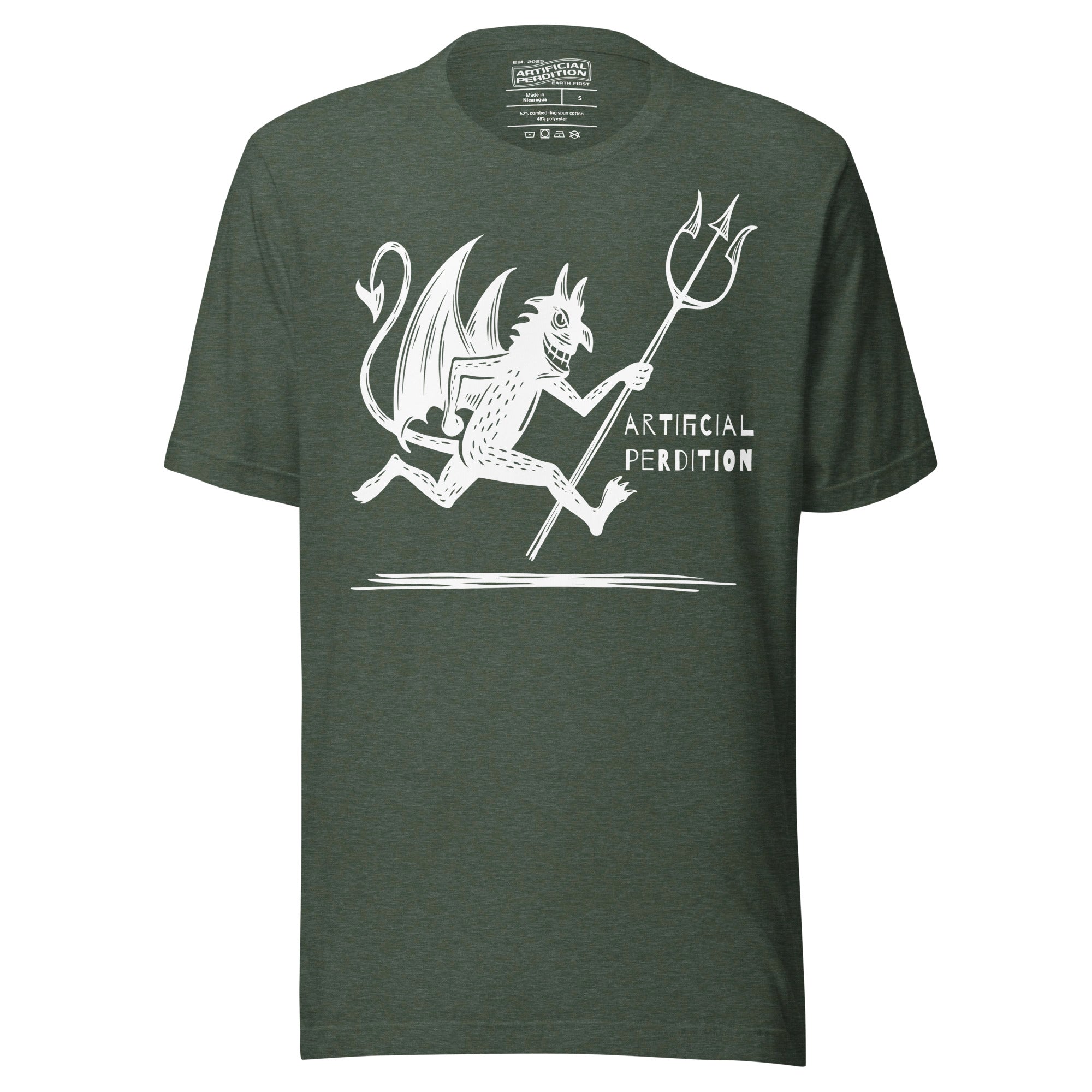 Artificial Perdition devil mascot, red illustrated devil mid-stride with trident and brand name, hand-drawn style on black, official logo tee