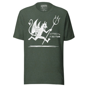 Artificial Perdition devil mascot, red illustrated devil mid-stride with trident and brand name, hand-drawn style on black, official logo tee
