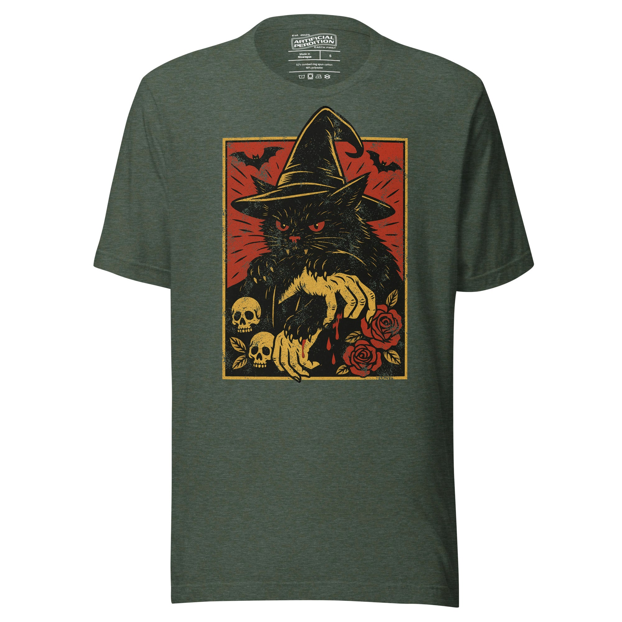 Black cat in witch hat with vampire fangs and skeletal dripping claws, skulls and roses flanking, bats in red sky, horror tattoo flash style, Artificial Perdition