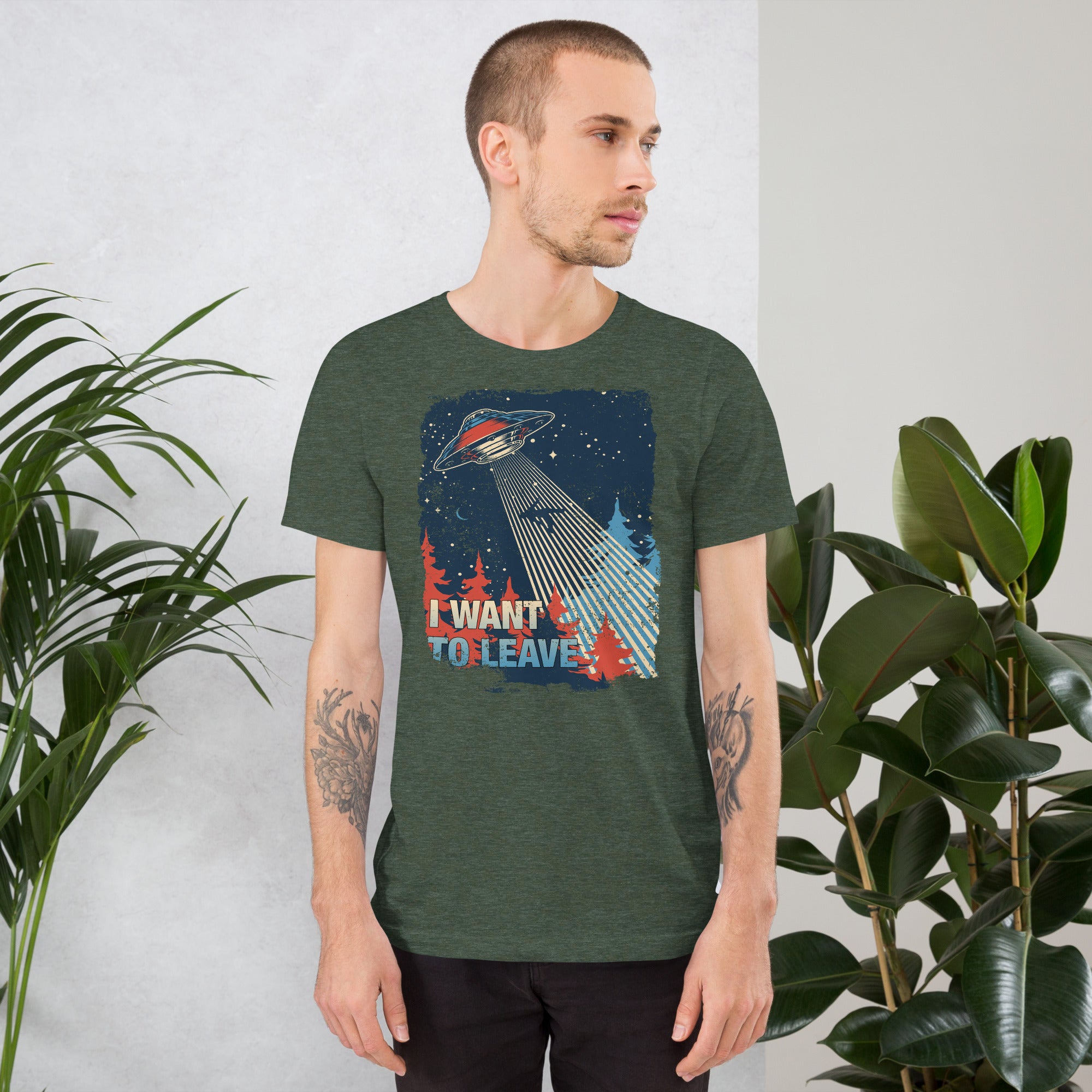 Retro poster style UFO beaming down into a midnight forest with I WANT TO LEAVE text, red and blue palette, Artificial Perdition apparel