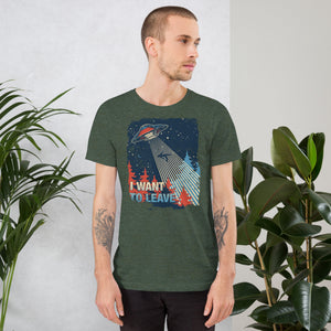 Retro poster style UFO beaming down into a midnight forest with I WANT TO LEAVE text, red and blue palette, Artificial Perdition apparel