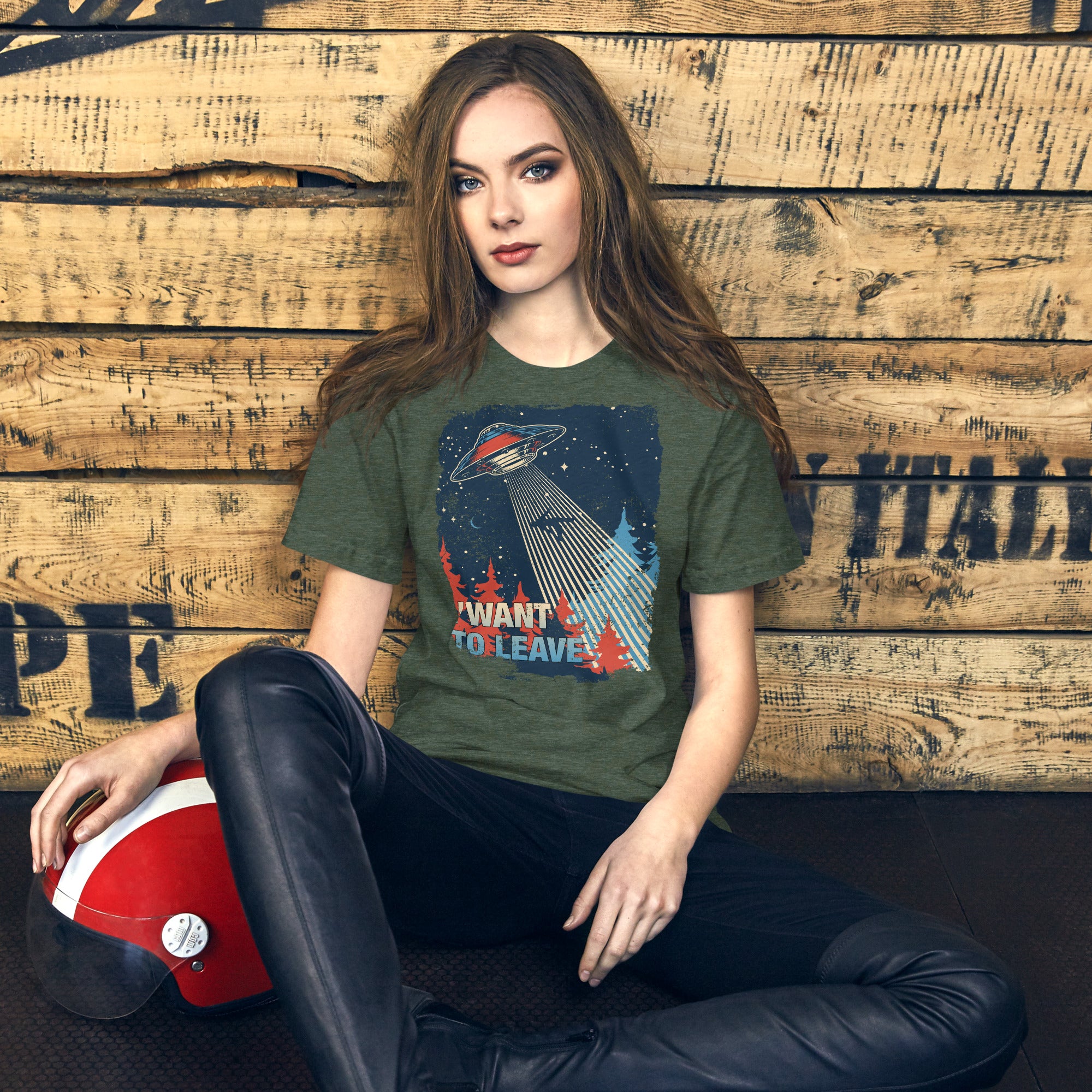 Retro poster style UFO beaming down into a midnight forest with I WANT TO LEAVE text, red and blue palette, Artificial Perdition apparel