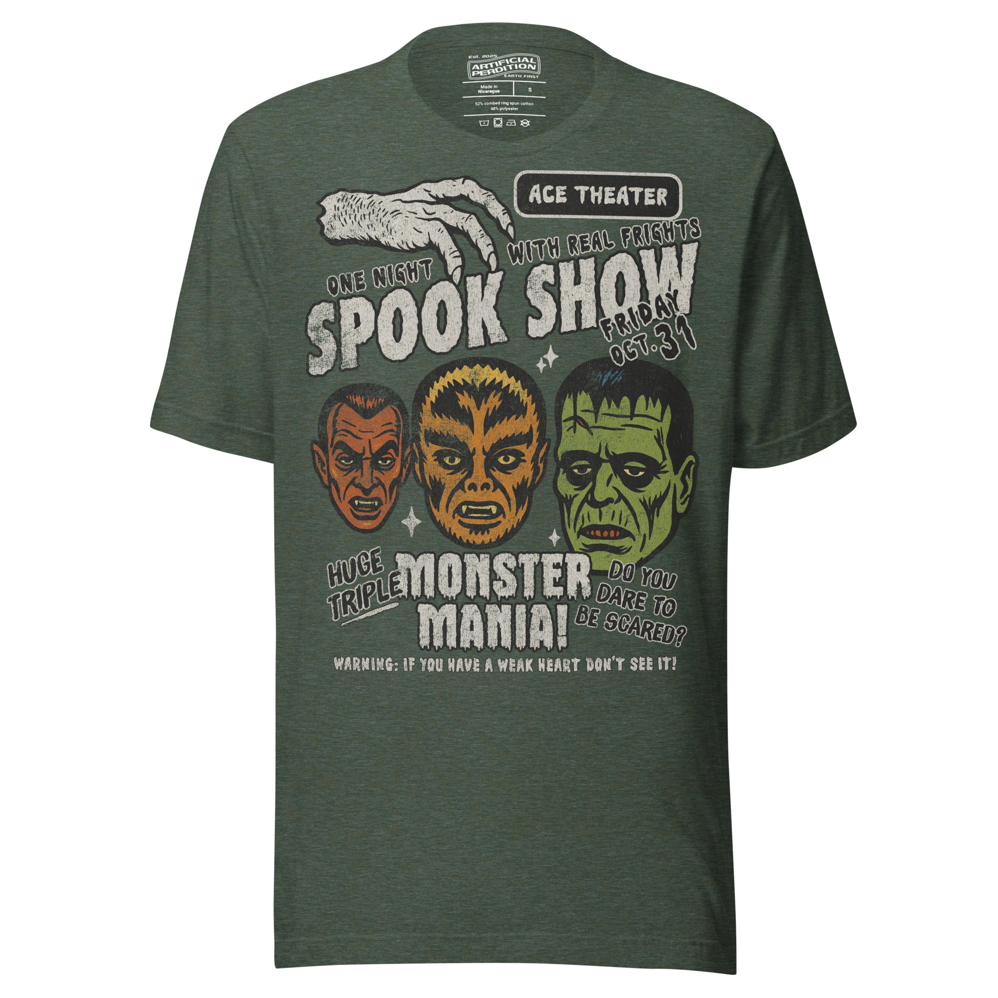 Vintage spook show poster style back print with three classic monster faces and Midnight Spook Show text, retro Halloween design, Artificial Perdition apparel