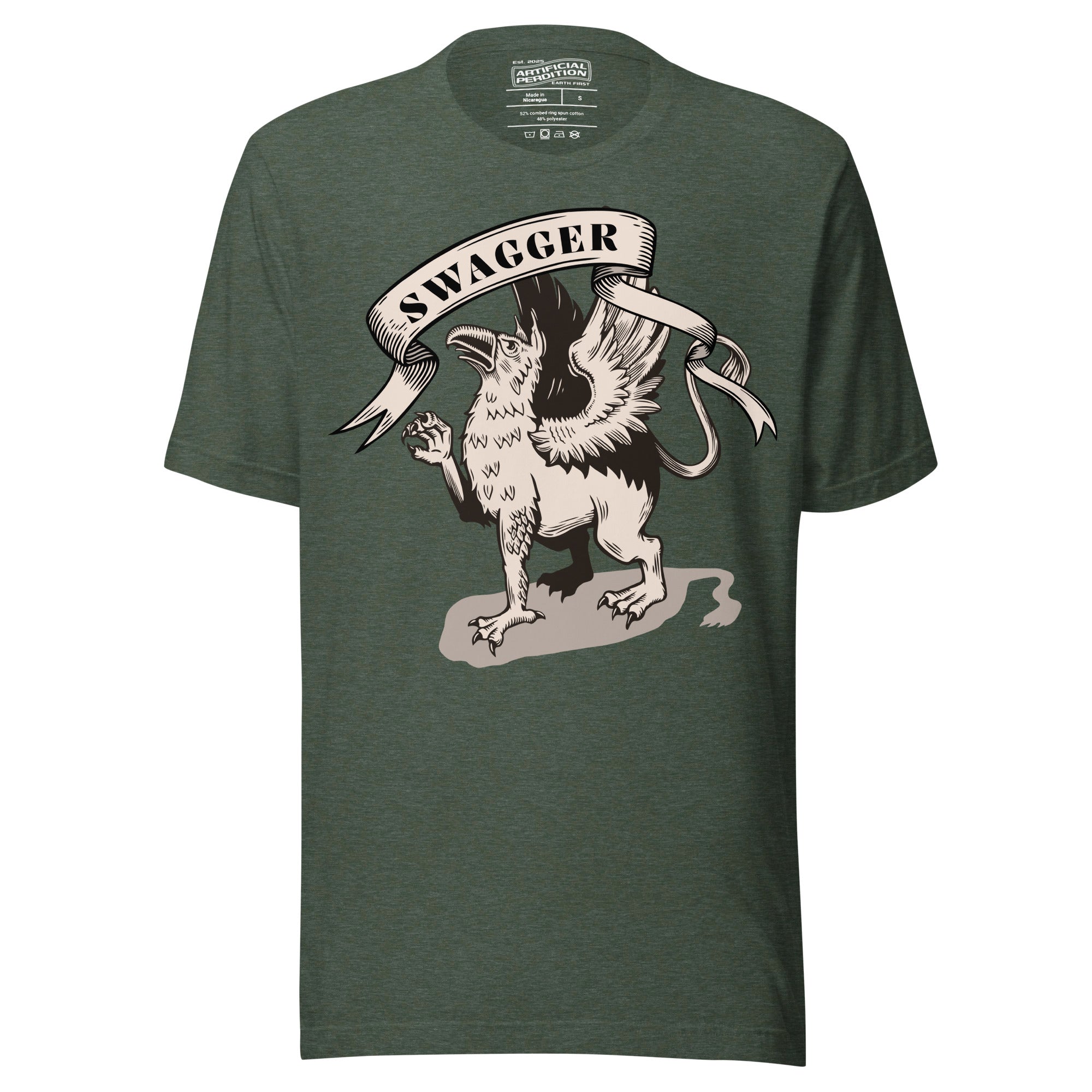 Rampant griffin in heraldic engraving style with Swagger banner ribbon, cream and black illustration, Artificial Perdition apparel
