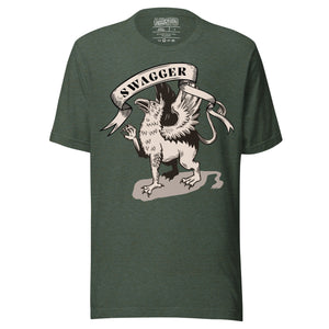 Rampant griffin in heraldic engraving style with Swagger banner ribbon, cream and black illustration, Artificial Perdition apparel
