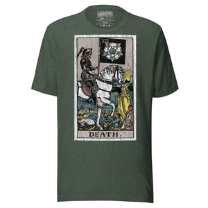 Death tarot card, skeletal horseman with black banner and white rose, figures fallen before him and sun rising on horizon, Rider-Waite style, Artificial Perdition
