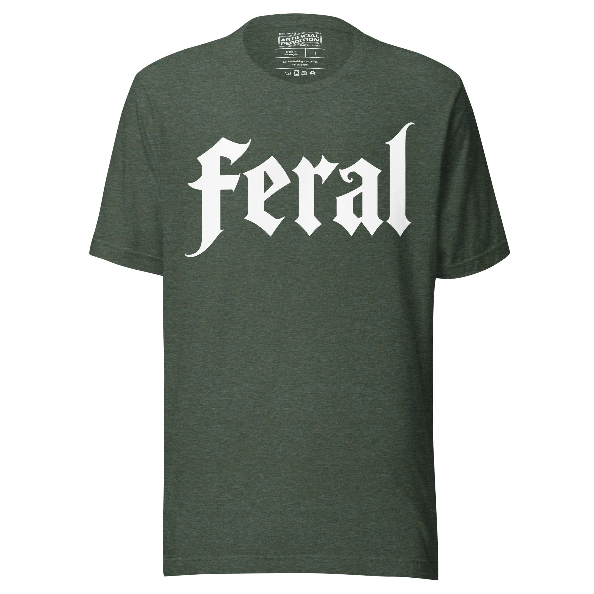 Feral in white blackletter font on dark heather grey t-shirt, bold single word graphic design, Artificial Perdition apparel