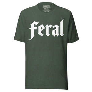 Feral in white blackletter font on dark heather grey t-shirt, bold single word graphic design, Artificial Perdition apparel