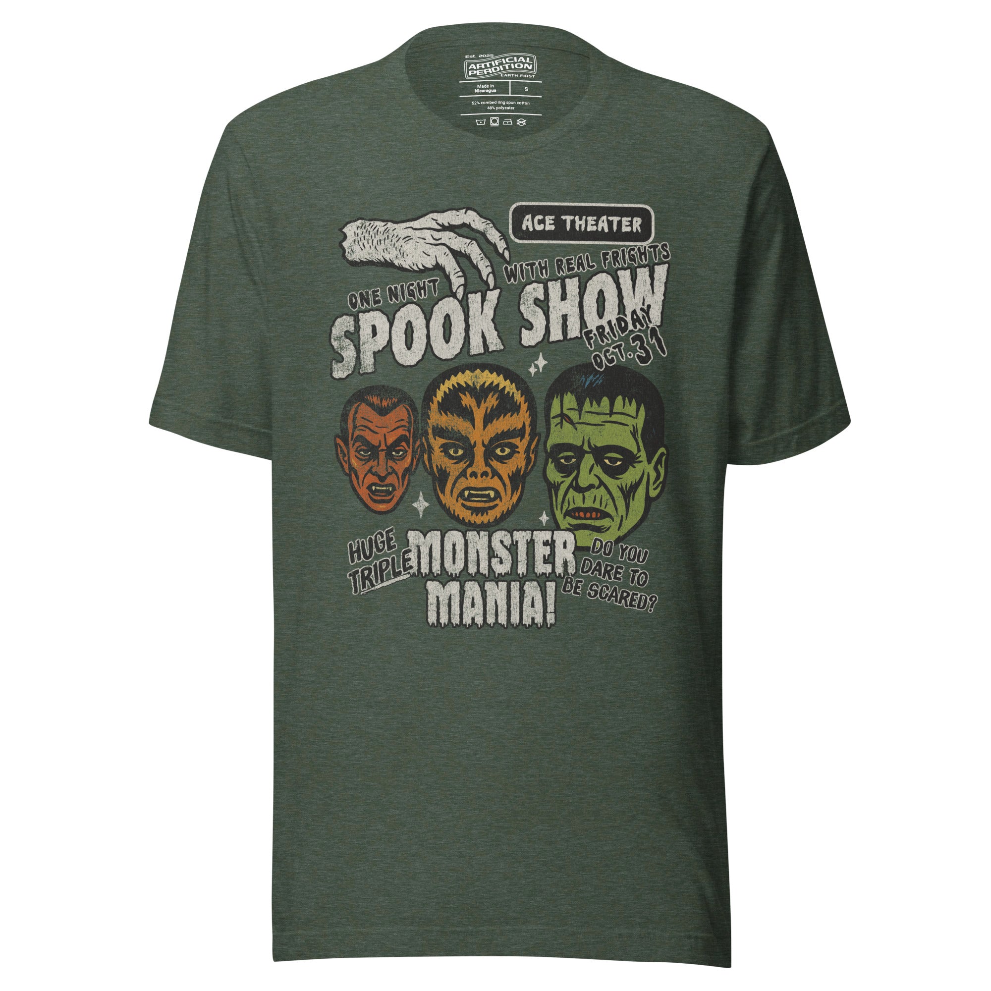 Vintage spook show poster front print with three classic monster faces, Ace Theater and Monster Mania text, distressed style on black, Artificial Perdition apparel