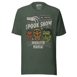 Vintage spook show poster front print with three classic monster faces, Ace Theater and Monster Mania text, distressed style on black, Artificial Perdition apparel