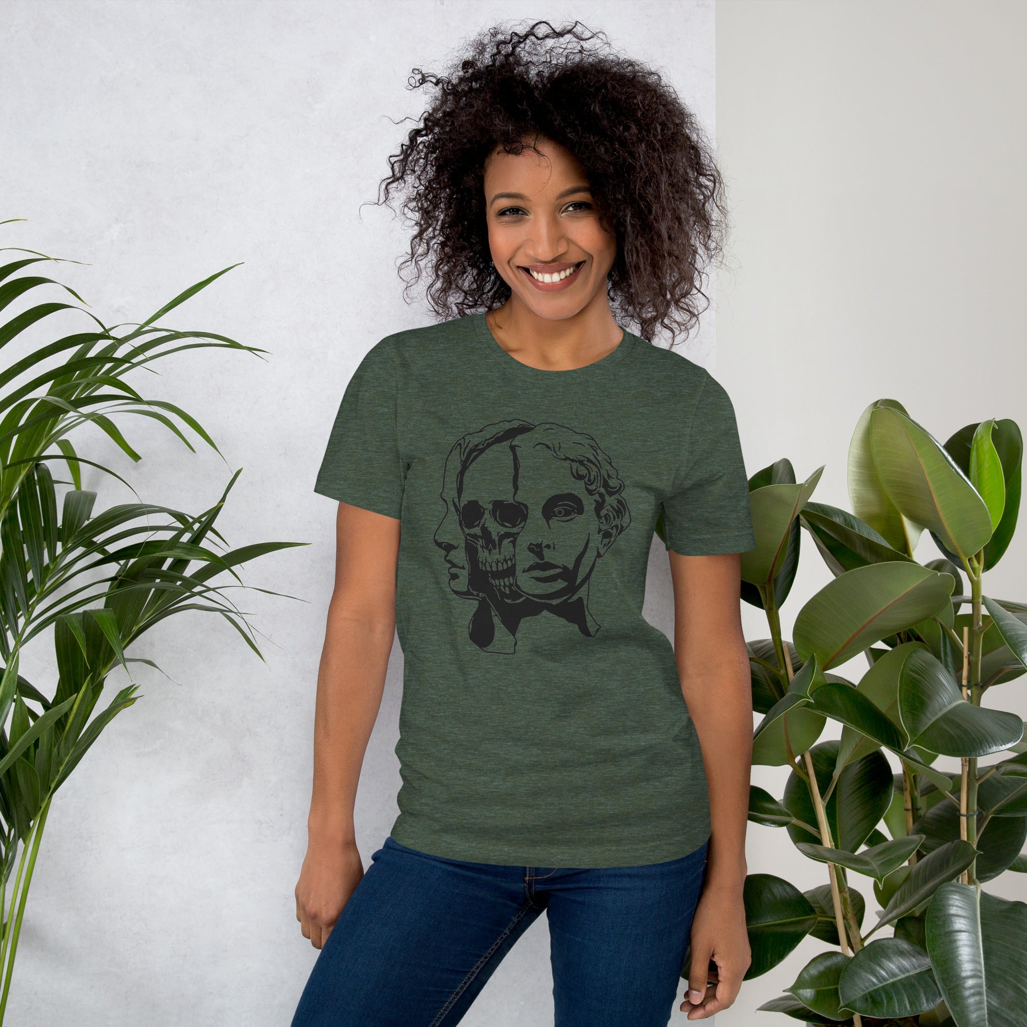 Split face illustration, half classical sculpture bust and half skull, black and white high contrast, Dead Inside, Artificial Perdition apparel